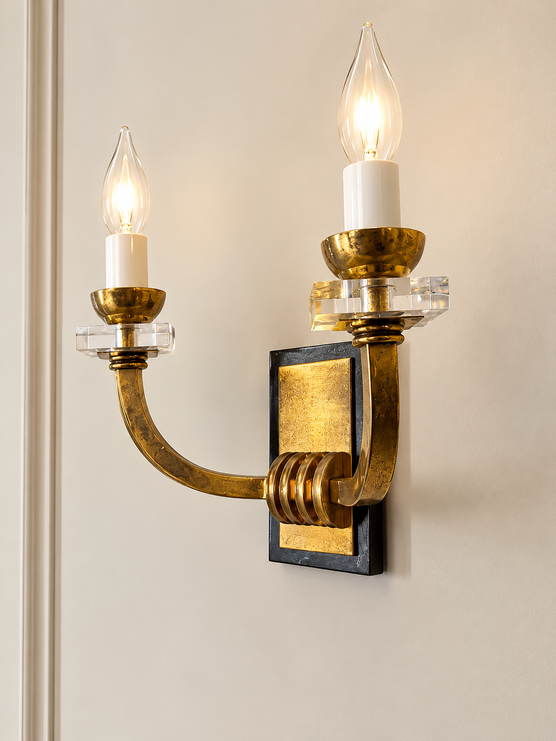 Pair of Jacques Adnet Gilt Metal & Crystal Wall Sconces