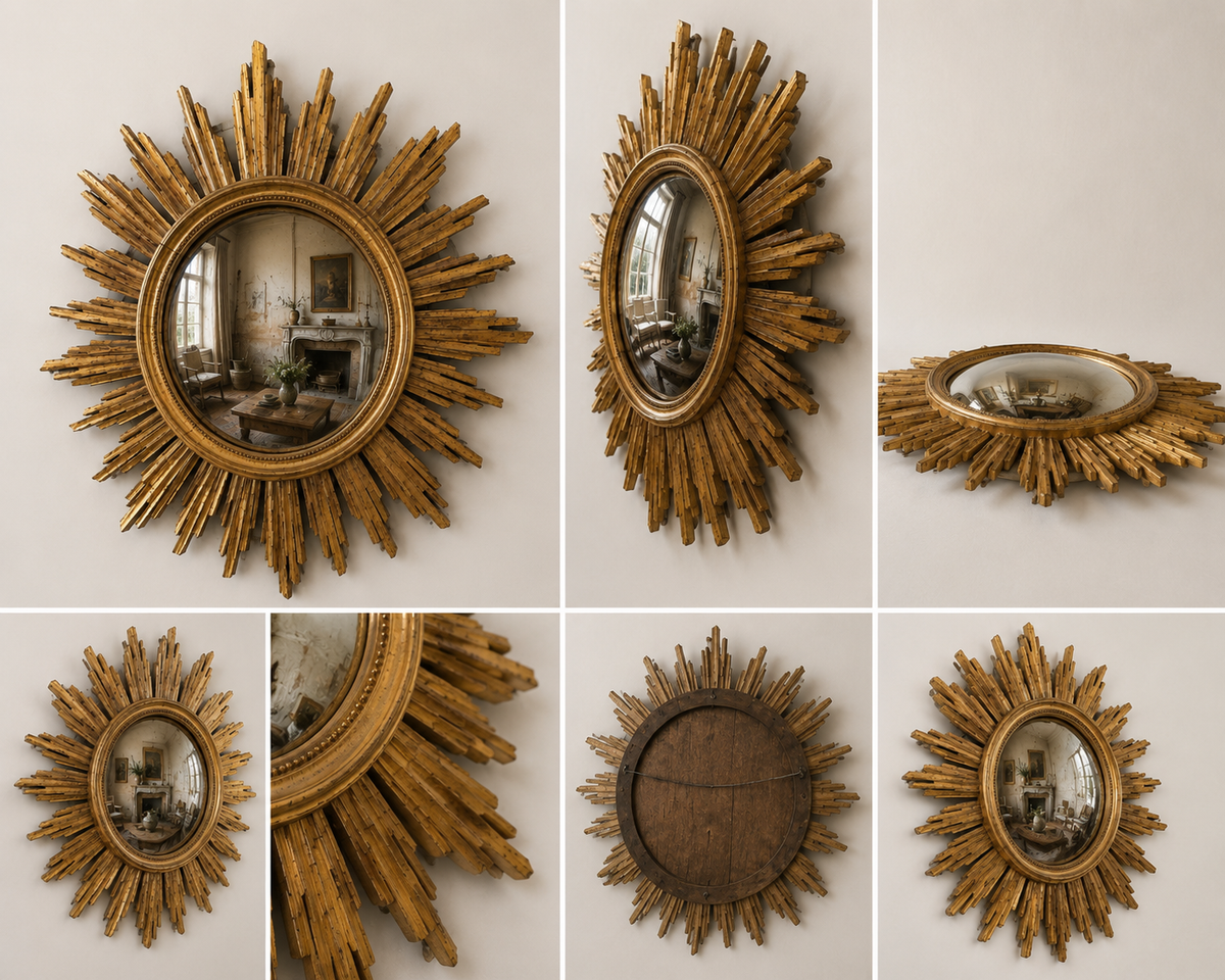 French Antique Giltwood Sunburst Convex Mirror