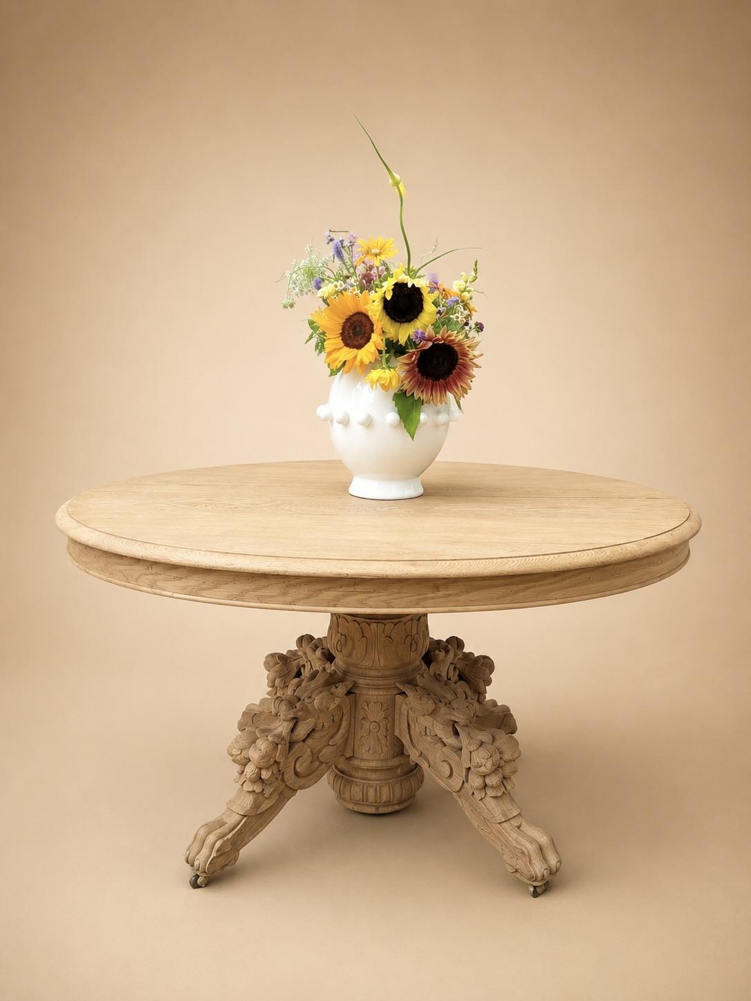French Antique Bleached Oak Dragon Pedestal Dining Table