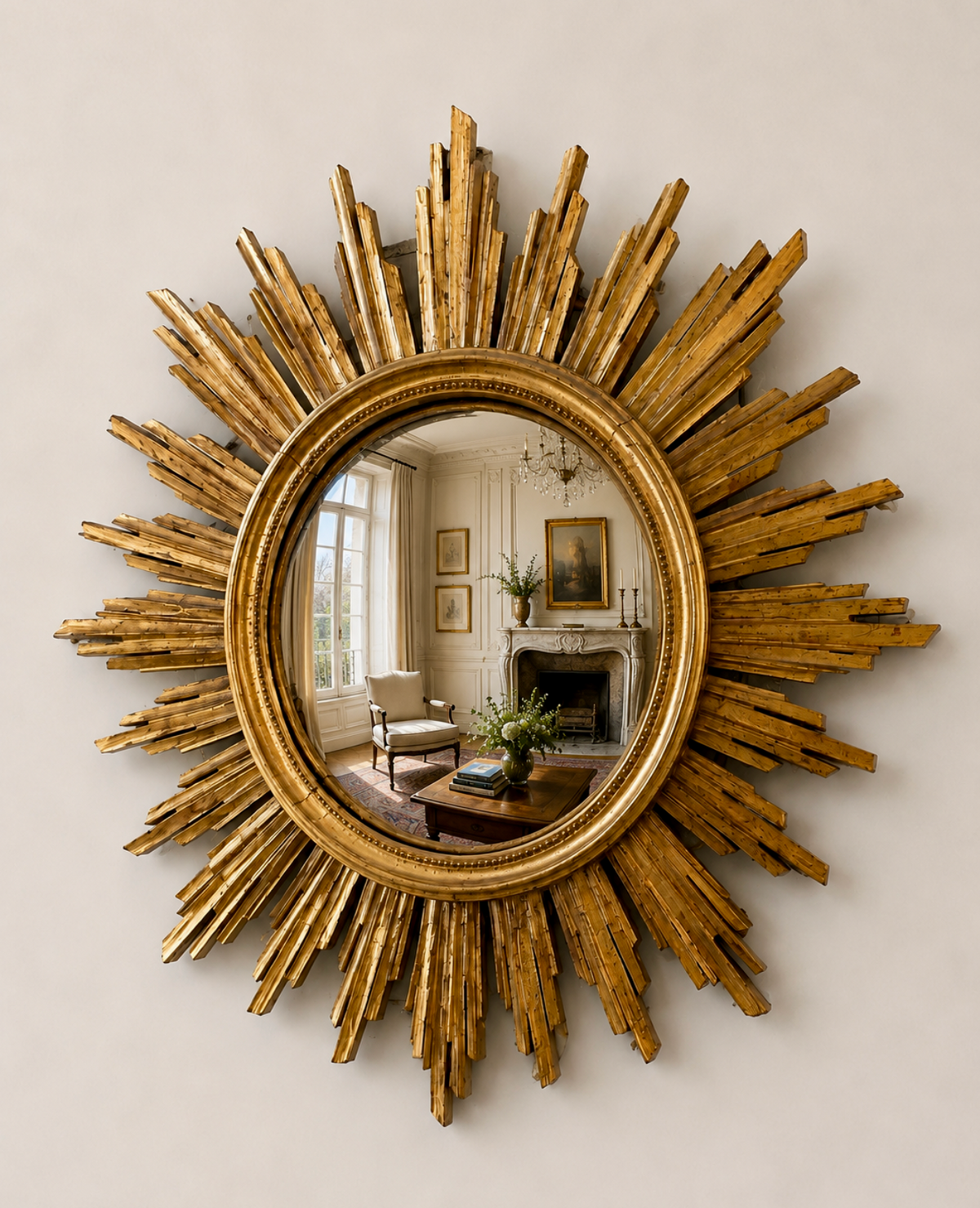 French Antique Giltwood Sunburst Convex Mirror