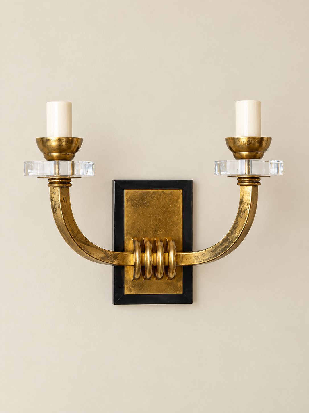 Pair of Jacques Adnet Gilt Metal & Crystal Wall Sconces