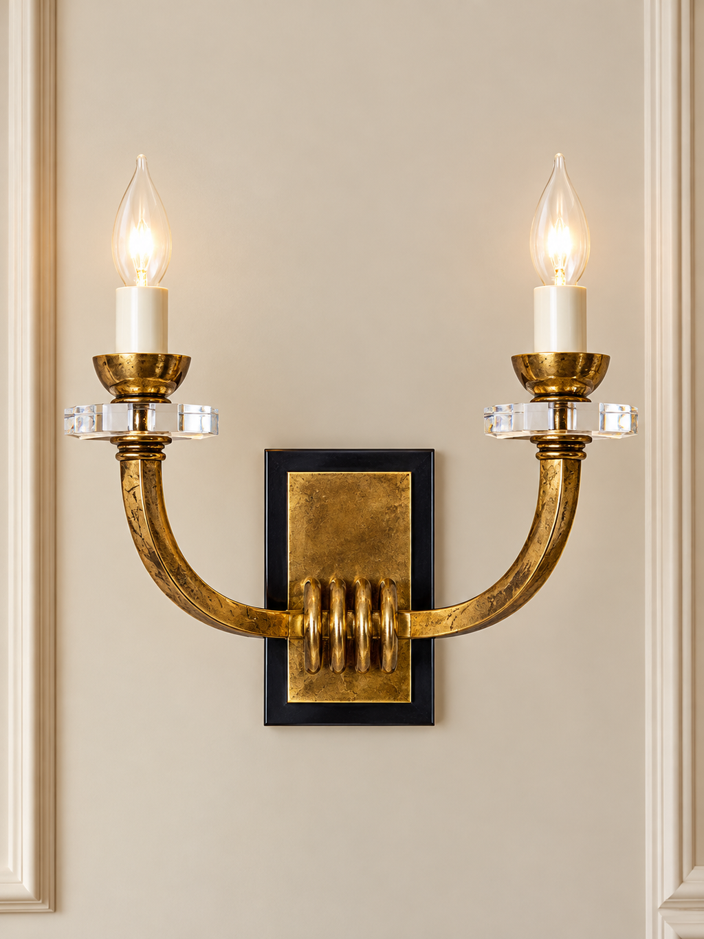 Pair of Jacques Adnet Gilt Metal & Crystal Wall Sconces