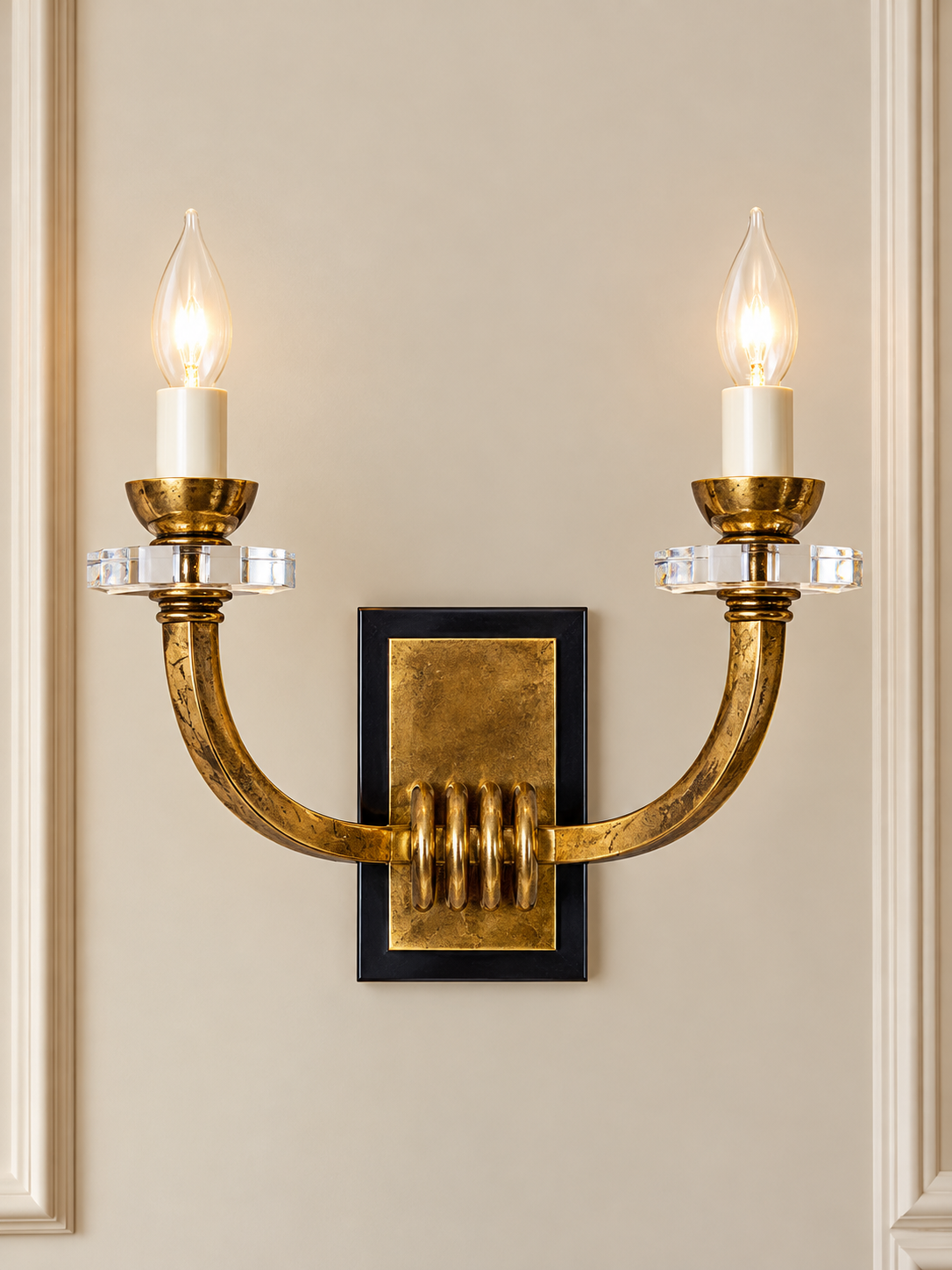 Pair of Jacques Adnet Gilt Metal & Crystal Wall Sconces