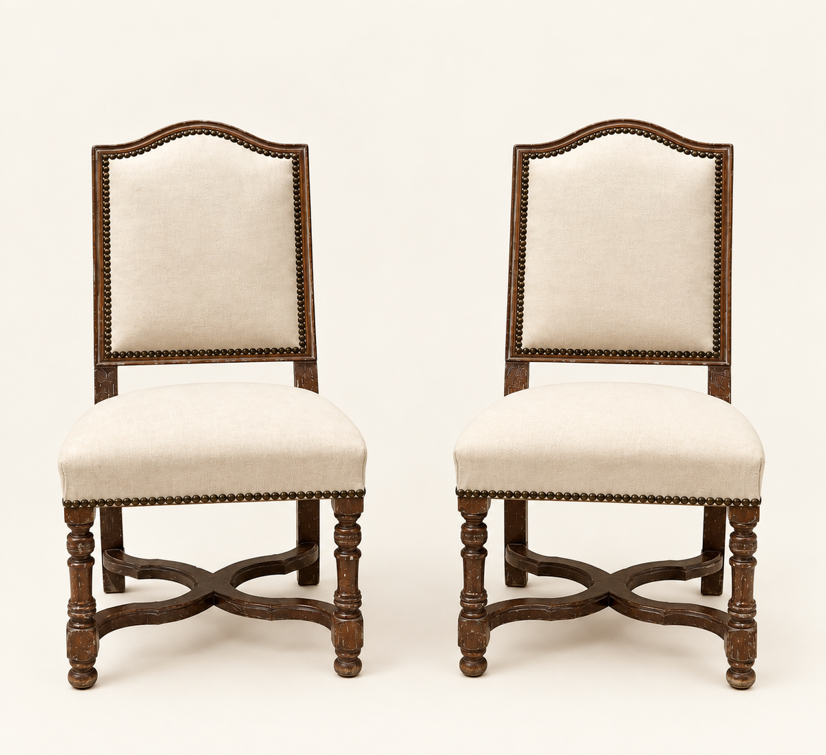 Antique French Louis XIII–Style Side Chair in Ivory Upholstery