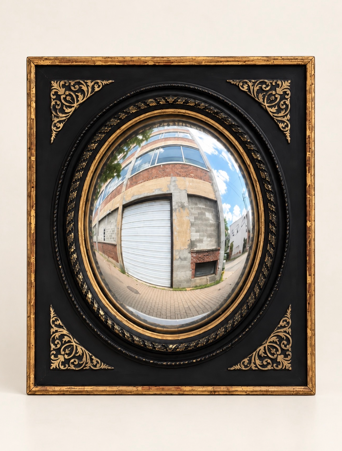 Antique French Convex Mirror with Black & Gilt Frame