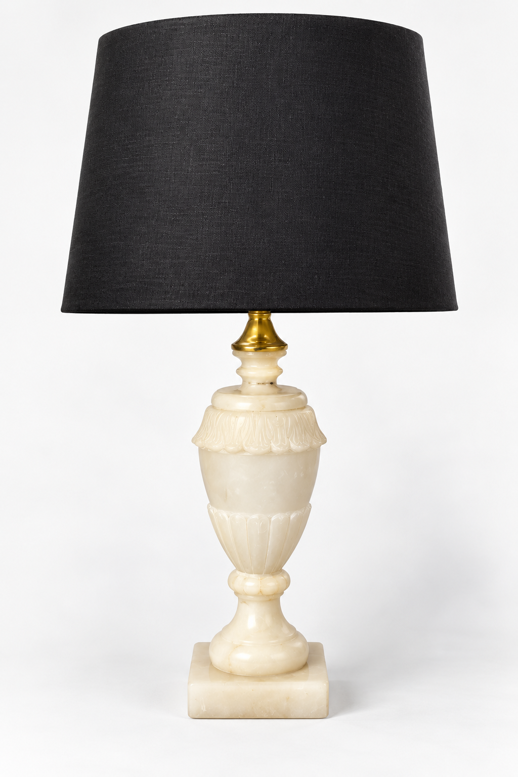 French Carved Alabaster Lamp with Black Shade